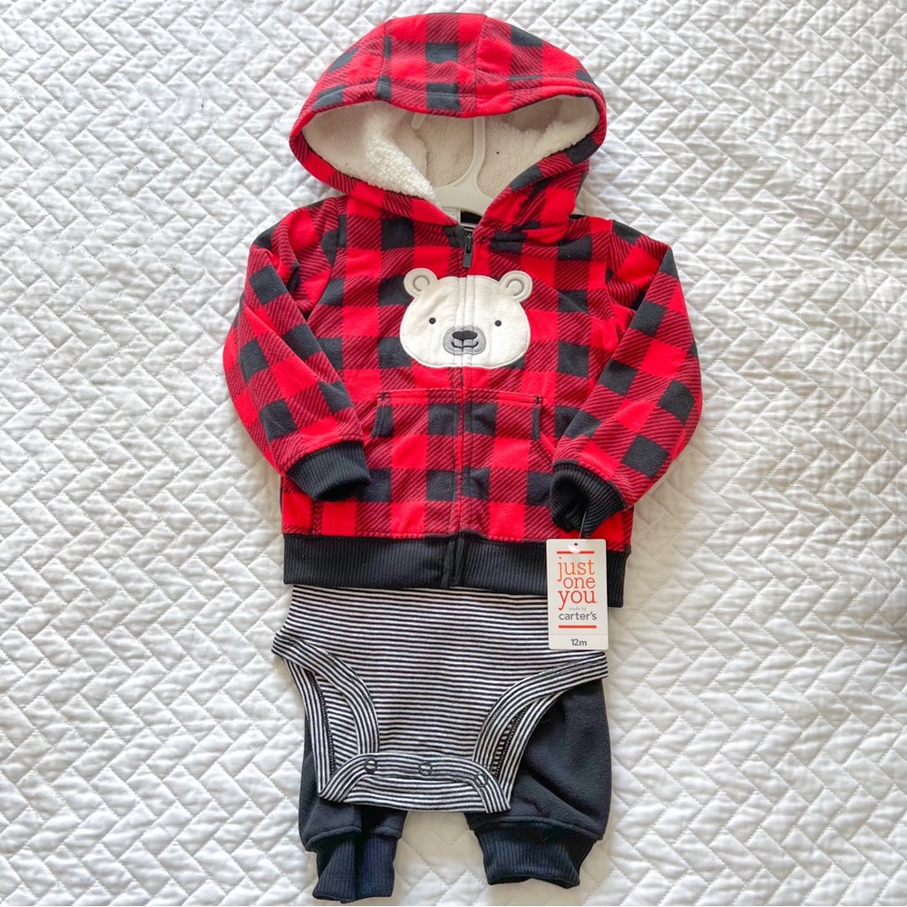 NWT Carter’s | Plaid Bear Hoodie and Striped Bodysuit Set